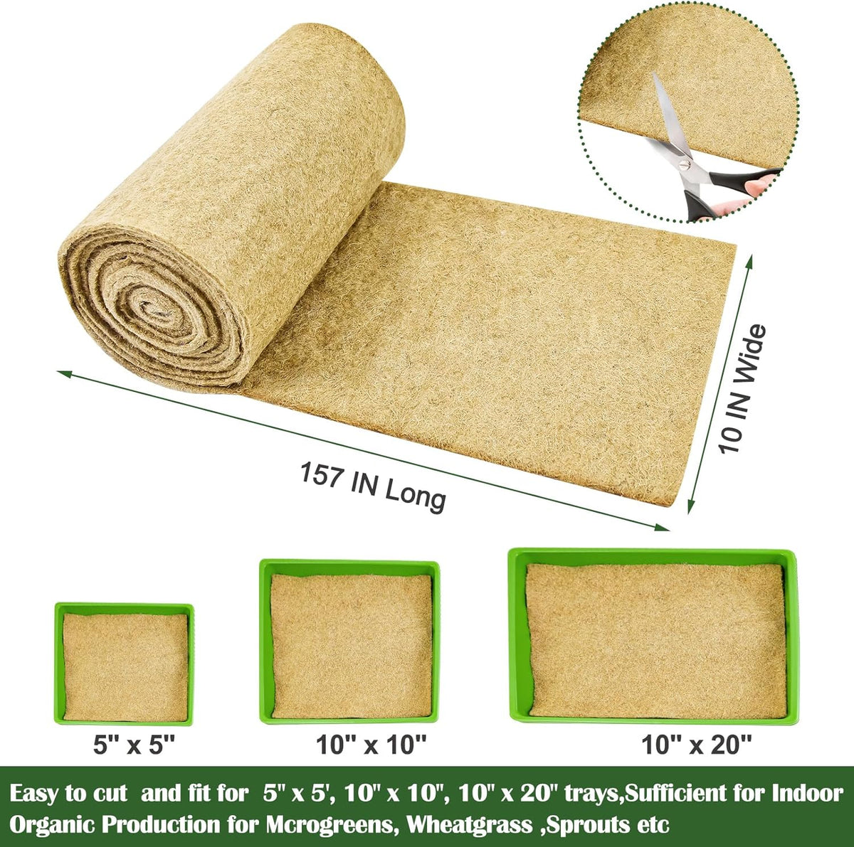 1 Roll 10" X 157" Microgreen Grow Mat Natural Fiber Grow Mats Microgreens Grow Kit Hydroponic Pads Indoor Organic Production for Microgreen Starter Tray Wheatgrass Sprouts