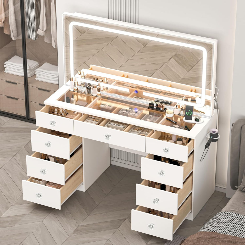 Vanity with Lighted Mirror, Glass Top Makeup Vanity Desk with Power Outlet and 9 Drawers, 3 Color Lighting Modes Adjustable Dresser for Bedroom, White