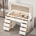 Vanity with Lighted Mirror, Glass Top Makeup Vanity Desk with Power Outlet and 9 Drawers, 3 Color Lighting Modes Adjustable Dresser for Bedroom, White