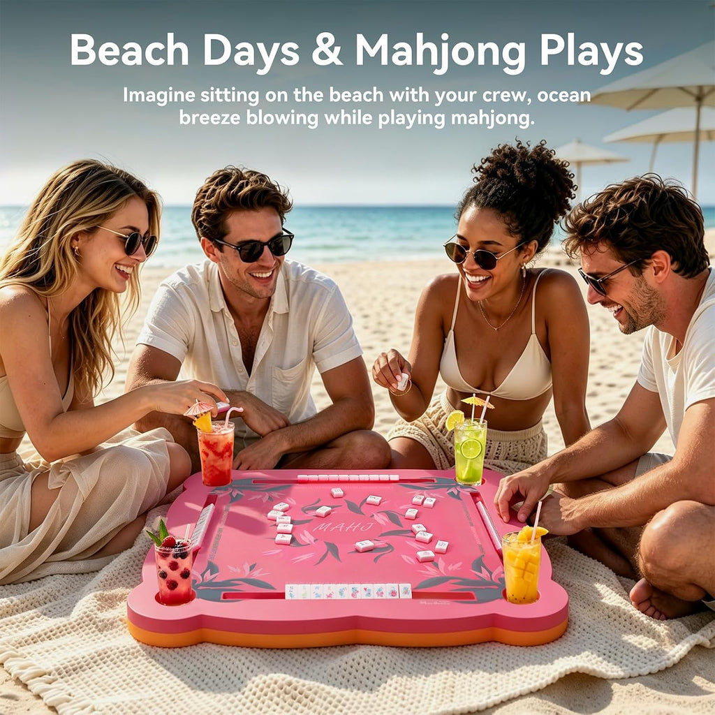 Luxury Floating Mahjong Table for Pool,31.5" EVA Foam Pool Float Board Game Tray with Cup Holders & Tile Slots, American Mahjong Summer Party Supplies (Orchid Bloom Series)(Rose Pink)