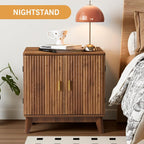 Fluted End Table with Charging Station, 2 Door Side Table with Storage, Mid Century Modern Nightstand for Bedroom Bedside, Living Room Couch Sofa, Office, Desk Side Table for Small Spaces-Walnut