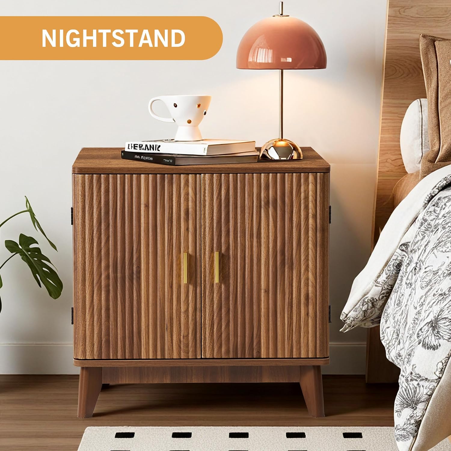 Fluted End Table with Charging Station, 2 Door Side Table with Storage, Mid Century Modern Nightstand for Bedroom Bedside, Living Room Couch Sofa, Office, Desk Side Table for Small Spaces-Walnut