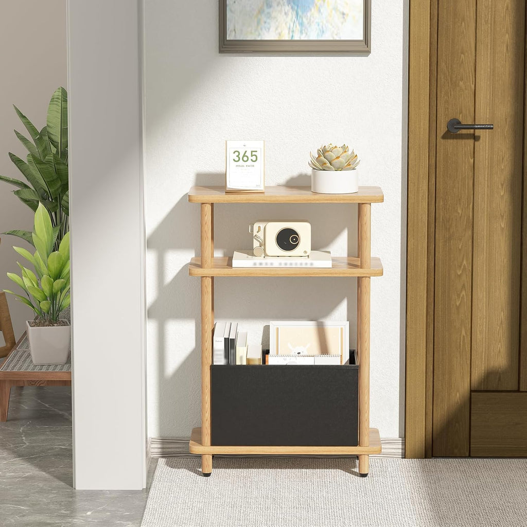 THUMEYE Narrow Side Table with Fabric Basket, 7" Wide, 3 Tier Skinny End Table with Wood Legs, Slim Nightstand/Bedside Table for Small Spaces, with Adjustable Feet, 15.7" L x 23" H