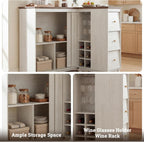Corner Cabinet with Charging Station,L-Shaped Kitchen Pantry Storage Cabinet with 3 Drawers,Freestanding Kitchen Pantry Cabinets with Wine Rack,Glass Rack,Sliding Door for Dining Room (White)
