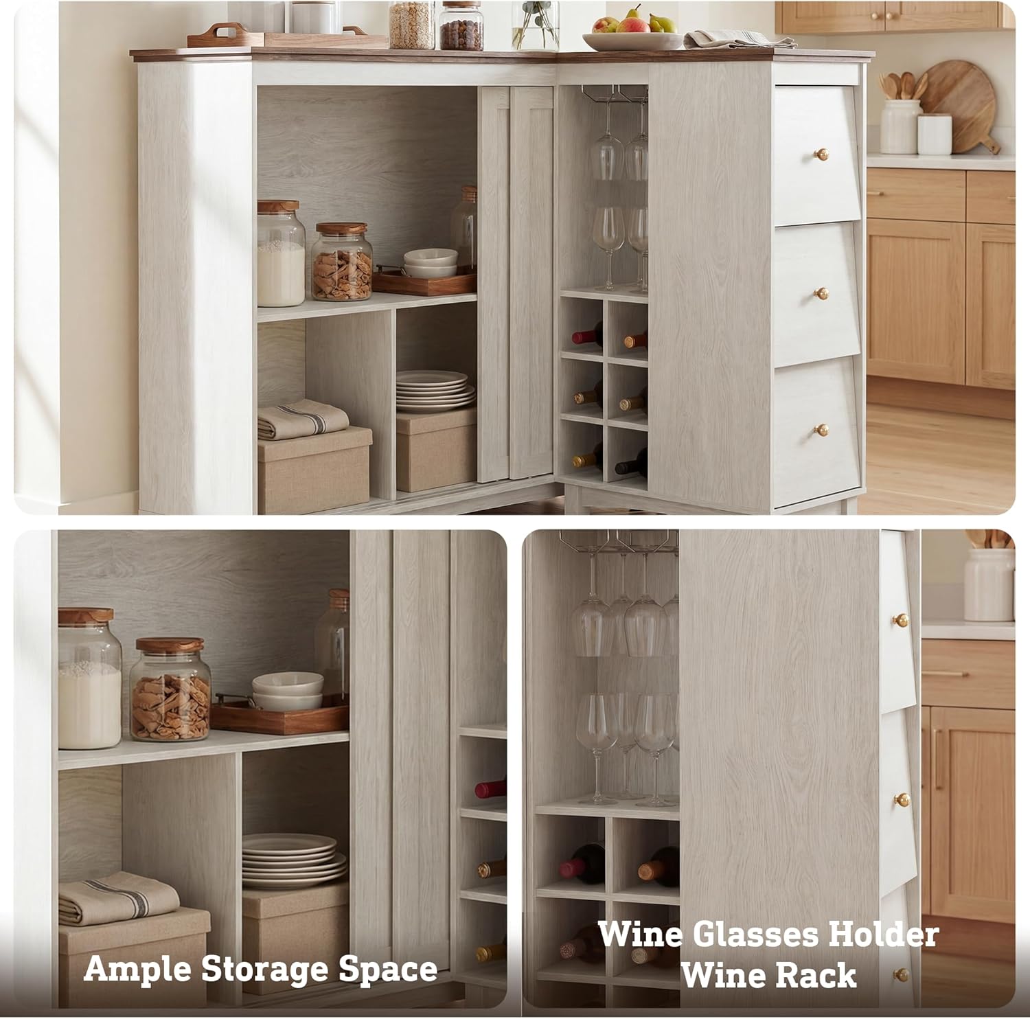 Corner Cabinet with Charging Station,L-Shaped Kitchen Pantry Storage Cabinet with 3 Drawers,Freestanding Kitchen Pantry Cabinets with Wine Rack,Glass Rack,Sliding Door for Dining Room (White)