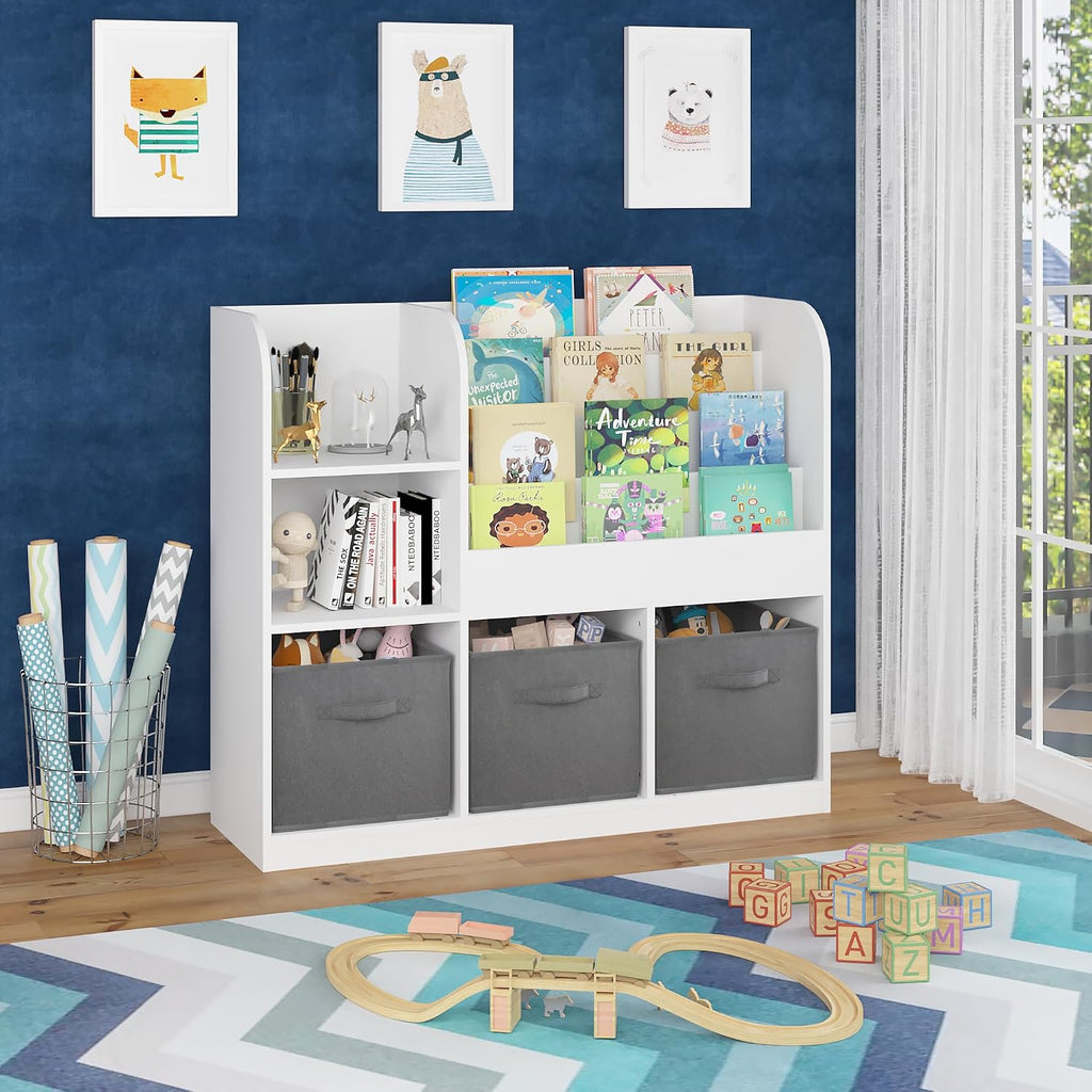 Kids Bookcase with 3 Collapsible Fabric Drawers, Multifunctional Toy | Sturdy MDF construction holds heavy books; anti-tip device for safety; 3 collapsible fabric drawers for toy storage; per