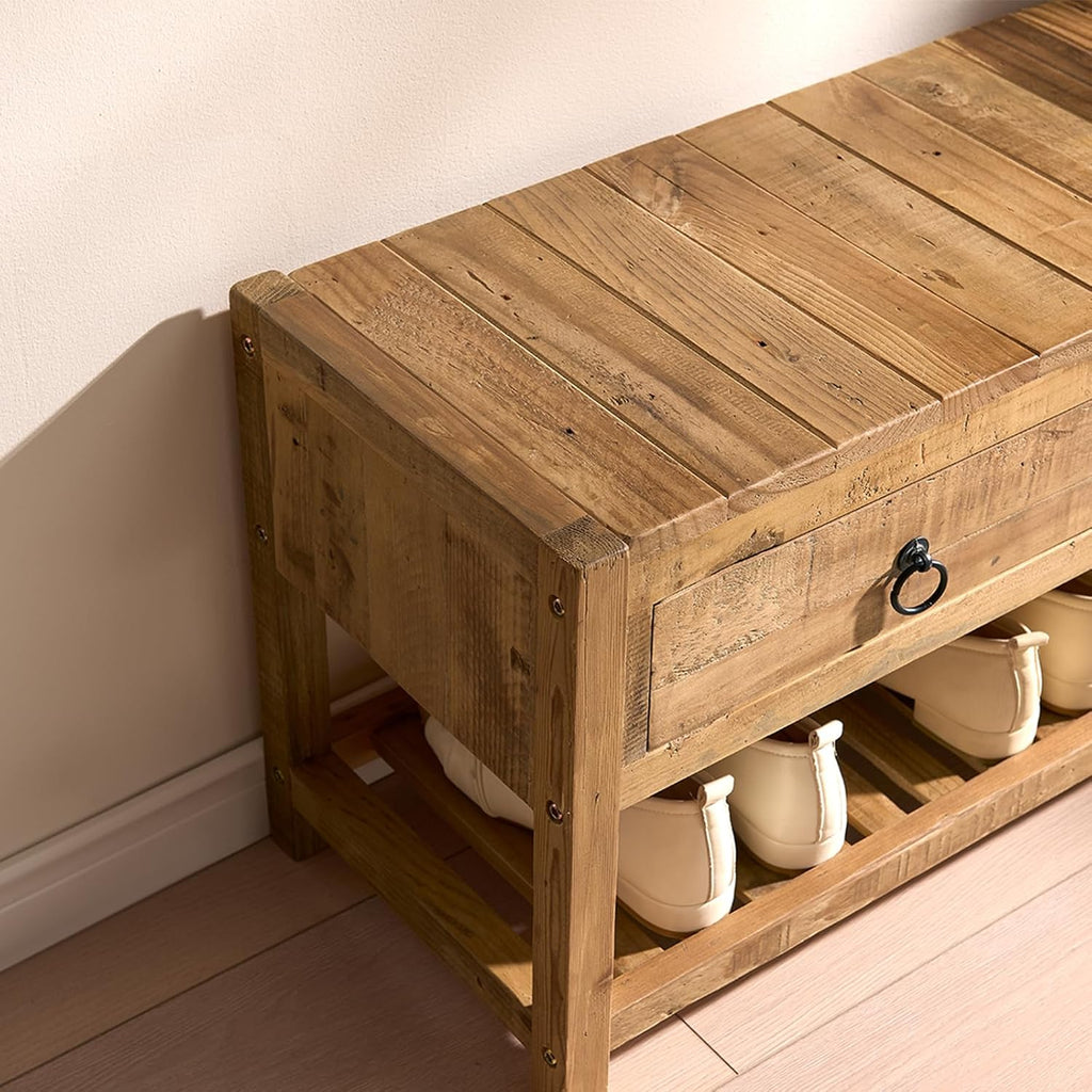 Wnutress 45.2" Reclaimed Solid Wood Benches with 3 Drawers & Slatted Storage Shelf, Rustic Farmhouse Long Entryway Bench Seat for Indoor, End of Bed, Living Room, Hallway, Natural Finsh