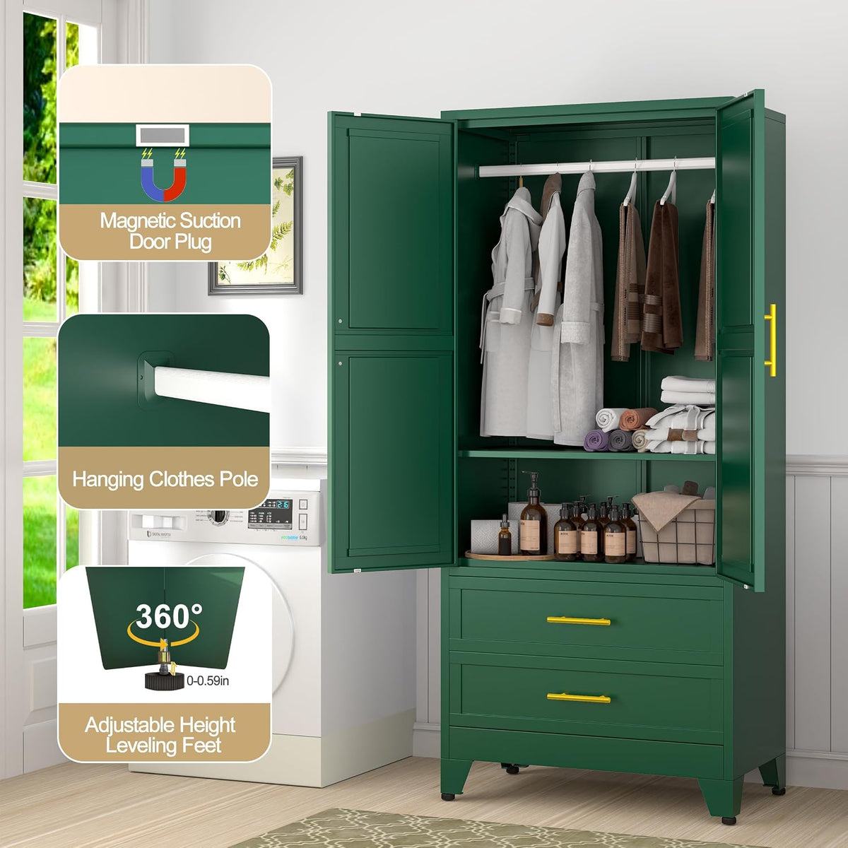 GAIOUS 71" Metal Armoire Wardrobe Closet, Metal Wardrobe Cabinet with Hanging Rod (Green)
