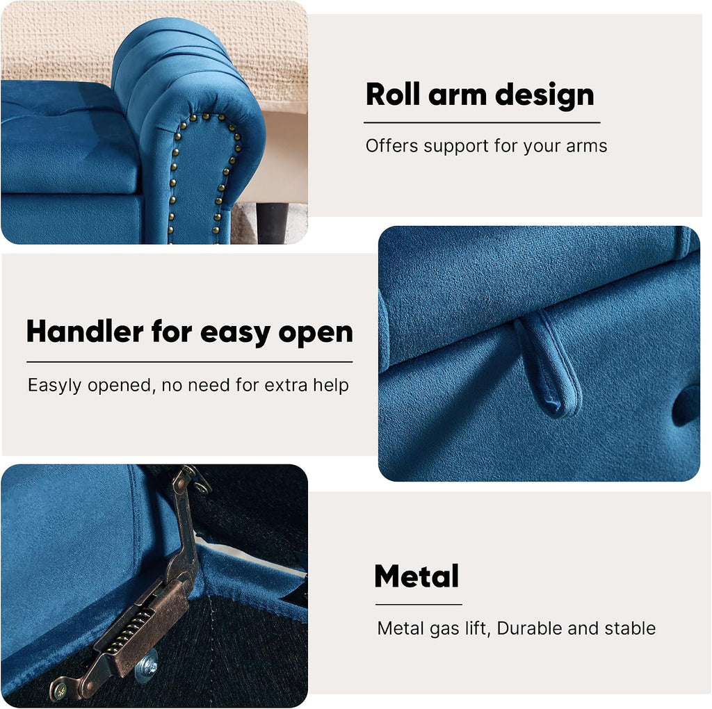 Storage Bench for Bedroom, Velvet 51" End of Bed Bench, Queen Size Bench with Rolled Arms, Tufted Storage Ottoman Benches, Upholstered Bench for Bedroom, Living Room, Entryway, Navy Blue