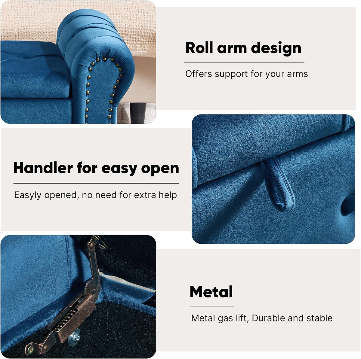 Storage Bench for Bedroom, Velvet 51" End of Bed Bench, Queen Size Bench with Rolled Arms, Tufted Storage Ottoman Benches, Upholstered Bench for Bedroom, Living Room, Entryway, Navy Blue