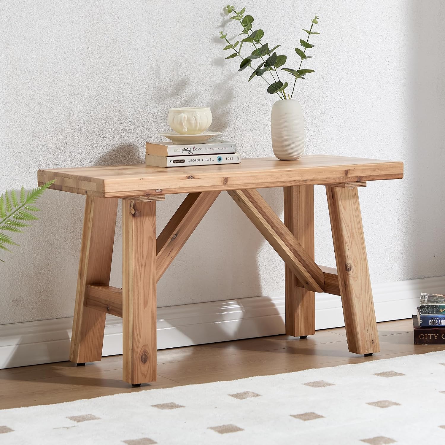 30" Entryway Bench Farmhouse Narrow Dining Bench Shoe Rack Small Wooden Benches Holds up to 300lbs for Hallway Living Room Dining Room Bedroom，1 Tier, Natural