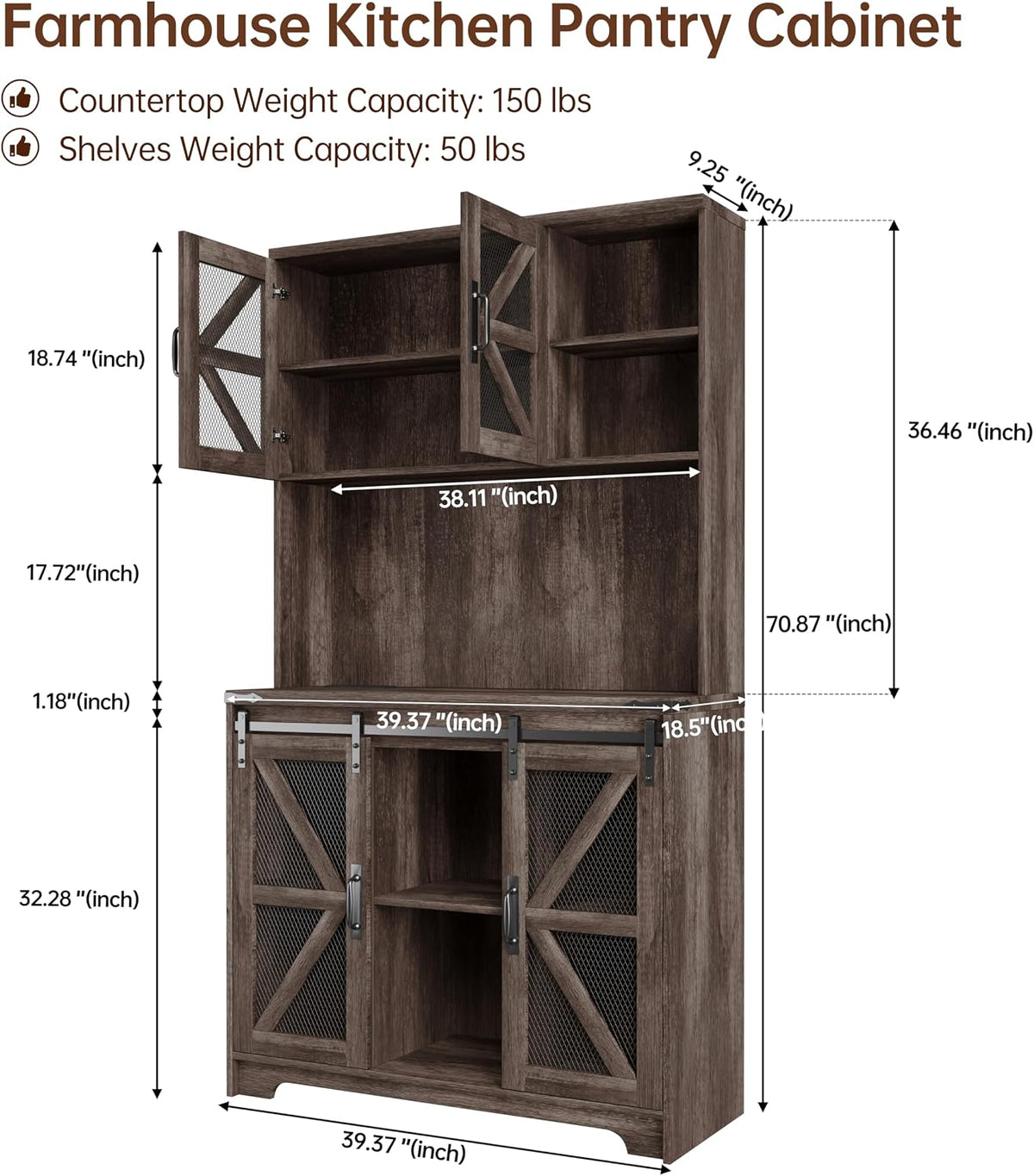 71" Farmhouse Pantry Storage Cabinet With LED Lights and Charging Station, Tall Kitchen Cupboard With Adjustable Shelves and Doors, Rustic Oak