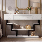 47.3" Console Table with Fluted Drawers, 3-Tier Modern Entryway Table with Geometric Black Metal Frame, Luxury Sofa Table for Living Room, Hallway, Foyer（White Marble Texture