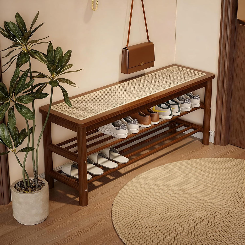 Bamboo Entryway Bench with Woven Rattan Seat, 2-Tier Shoe Storage Bench for Hallway & Entryway 39.4 inches Walnut