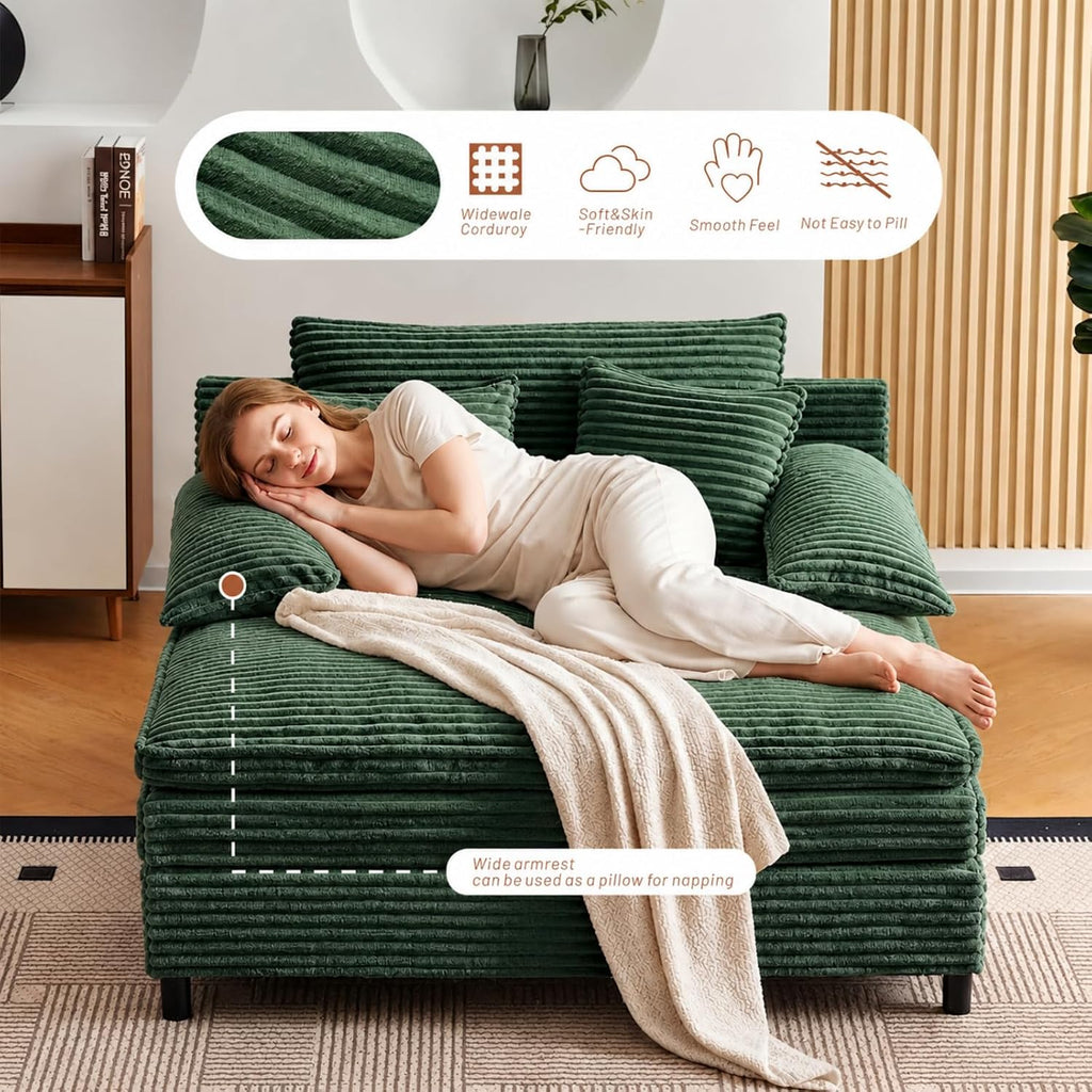 55" W Reclining Chaise Lounge Chair Indoor with 4-Gear Adjustable Backrest, Oversized Deep Seat Recliner with Comfy Pillows, Single Sleeper Sofa Bed, Cloud Couches for Living Room-Green