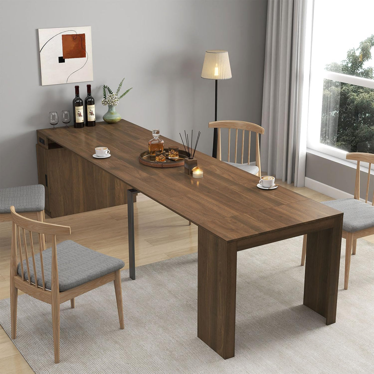 Modern Extendable Dining Table with Built-in Outlet – Seats 2 to 12 People, Space Saving Console to Full-Size Table with 5 Extension Panels & Storage, Kitchen Table for Dining Room, Meeting, Party
