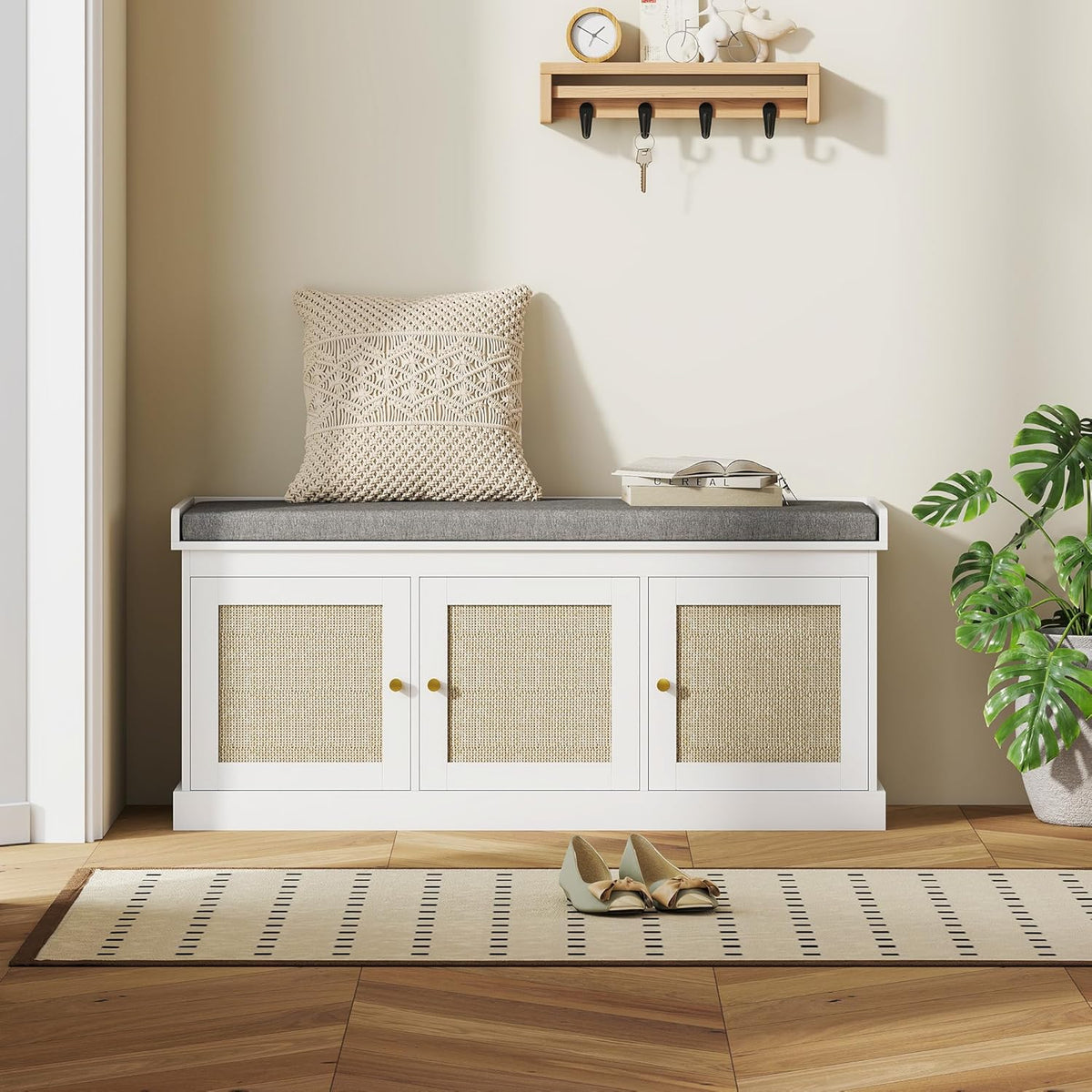 HOMCOM Shoe Bench with Woven Rattan Doors, Shoe Storage Bench with Cushion, Adjustable Shelves for 9 Pairs, Boho Style Entryway Bench for Bedroom, Living Room, 13.8 x 41.3 x 18.5 Inches, White