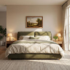 Merax King Linen Blend Platform Bed with 2 Headboard Pillows, Olive Green