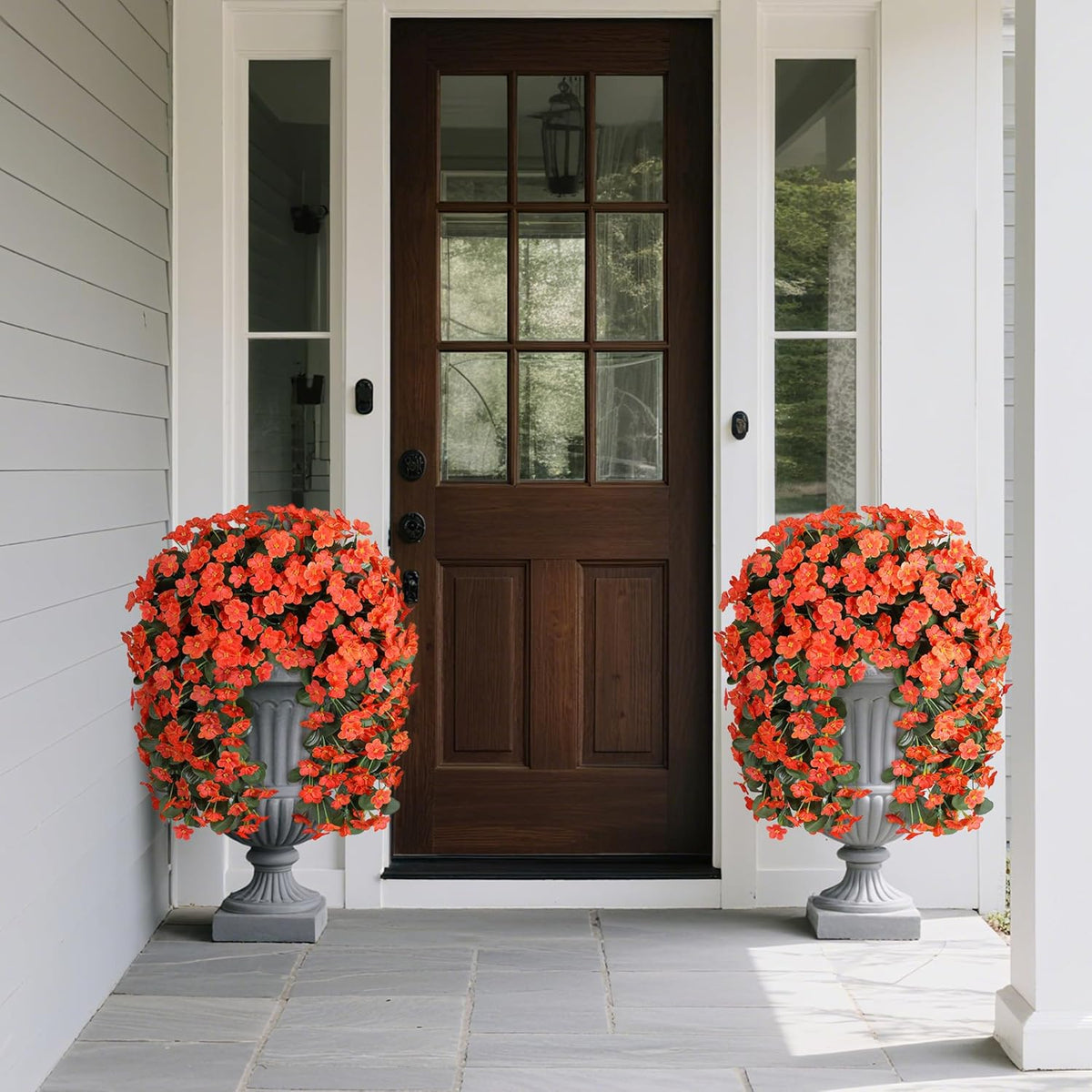 Artificial Fake Fall Hanging Flowers Plants for Outdoor Outside, 2PCS Faux Silk Orange Daisy Mums Trailing Vines UV Resistant Realistic Orchid for Autumn Front Door Porch Planter Patio Garden