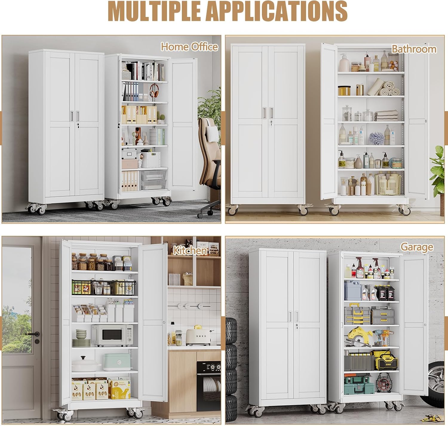75" H Metal Pantry Storage Locker Cabinet with Wheels,Rolling Kitchen Pantry Cabinet with 2 Doors and 5 Adjustable Shelves, Lockable Steel Garage Tool Cabinet Organization for Home,Gym,School,White