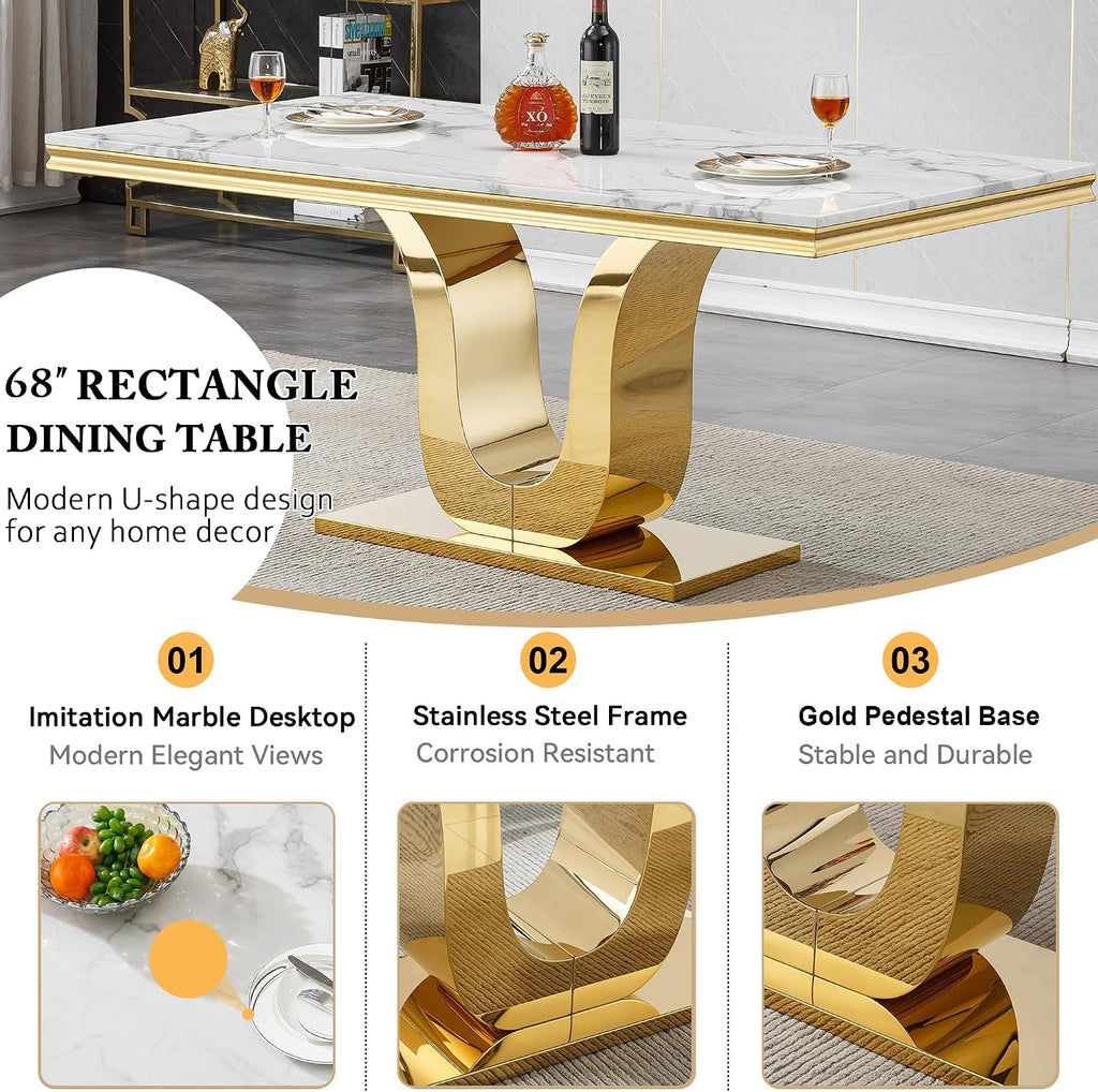 7-Piece Dining Table Set with 6 Beige Upholstered Chairs, 68" White Gold Faux Marble Kitchen Table Set for 6, U-Shape Pedestal Dining Room Table Set for 6, Modern Dining Table Set for 6