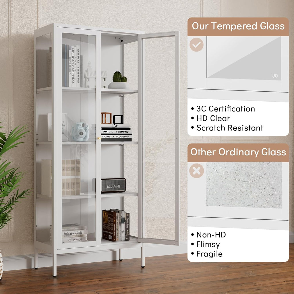 Polup Glass Display Cabinet with Glass Doors, White Curio Cabinet with 3 Side Tempered Glass, 66" Tall Bookcase Display Case for Collectibles, Metal Storage Cabinet for Living Room, Assemble Required