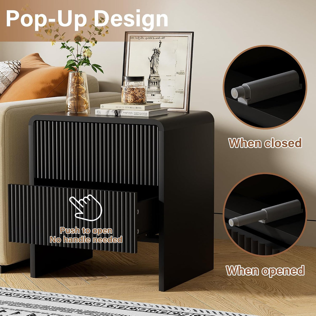 Furniway Set of 2 Modern Curved Nightstand with 2 Drawers, Push-to-Open Wooden Bedside Table, Minimalist End Table for Bedroom, Black