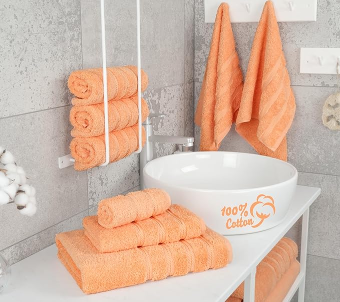 American Soft Linen Luxury 6 Piece Towel Set, 2 Bath Towels 2 Hand Towel 2 Washcloths, 600 GSM 100% Cotton Turkish Towels for Bathroom, Malibu Peach Towel Sets
