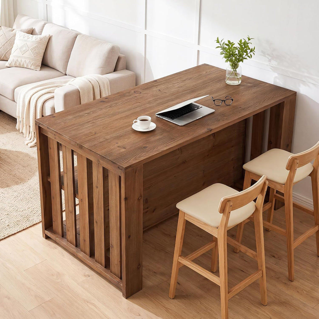 55" Solid Wood Kitchen Island with Storage and Seating, 3-Tier | Farmhouse Stationary Island Table, Side Slatted Design, Large Worktop, Closed Back Panel, Rustic Counter Height Dining Table