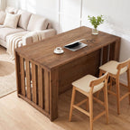 55" Solid Wood Kitchen Island with Storage and Seating, 3-Tier | Farmhouse Stationary Island Table, Side Slatted Design, Large Worktop, Closed Back Panel, Rustic Counter Height Dining Table