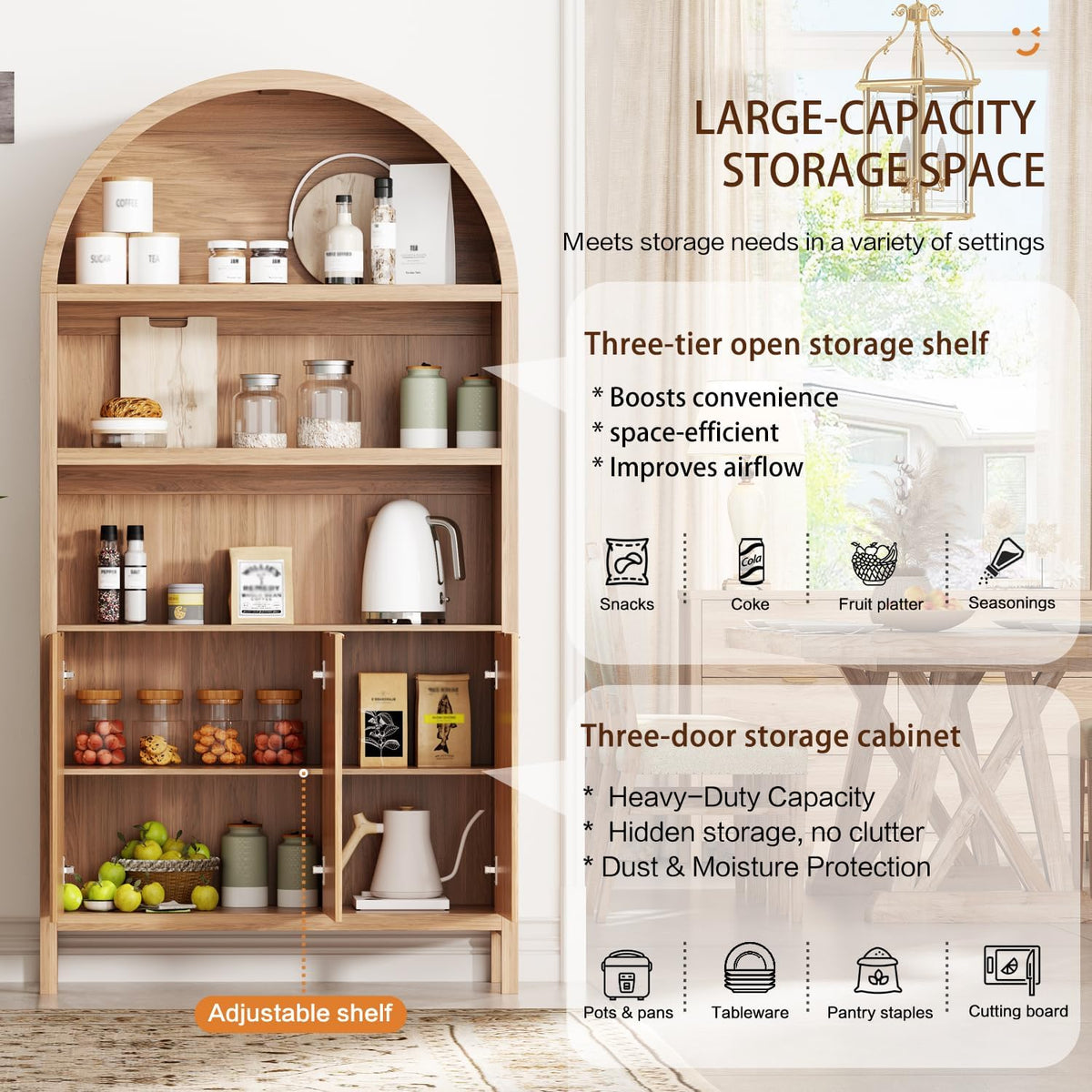 Ieejdn 71.34" Tall Arched Kitchen Pantry,Modern Fluted Wood Storage Cabinet with Doors,Adjustable Shelves,Organizer, Versatile Cupboard for Kitchen,Living Room,Dining Room,Bathroom,Natural