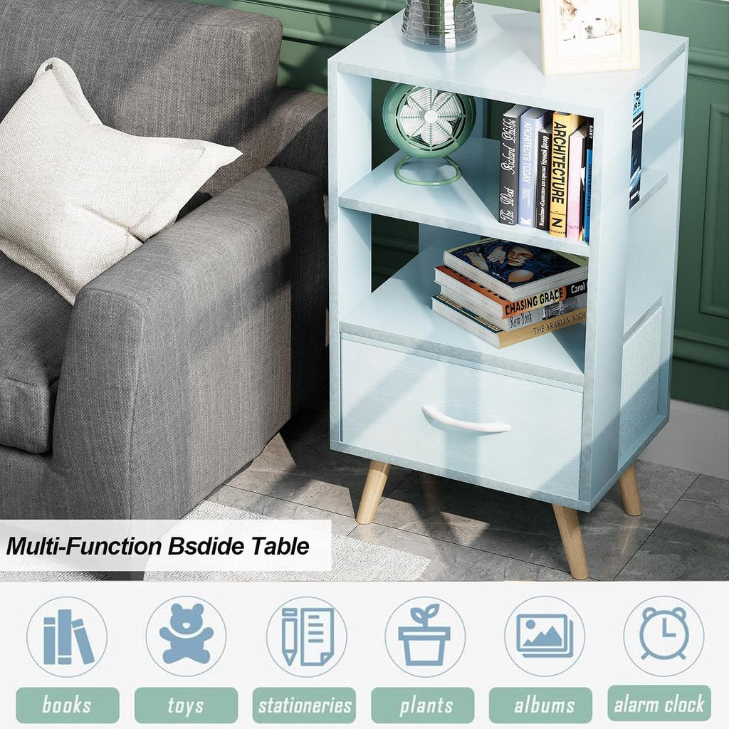 Aenuert Night Stand, Blue Nightstand with Drawer, Side Table with Open Storage, 3-Tier Modern End Table, Bedside Table for Small Space, Living Room, Bedroom