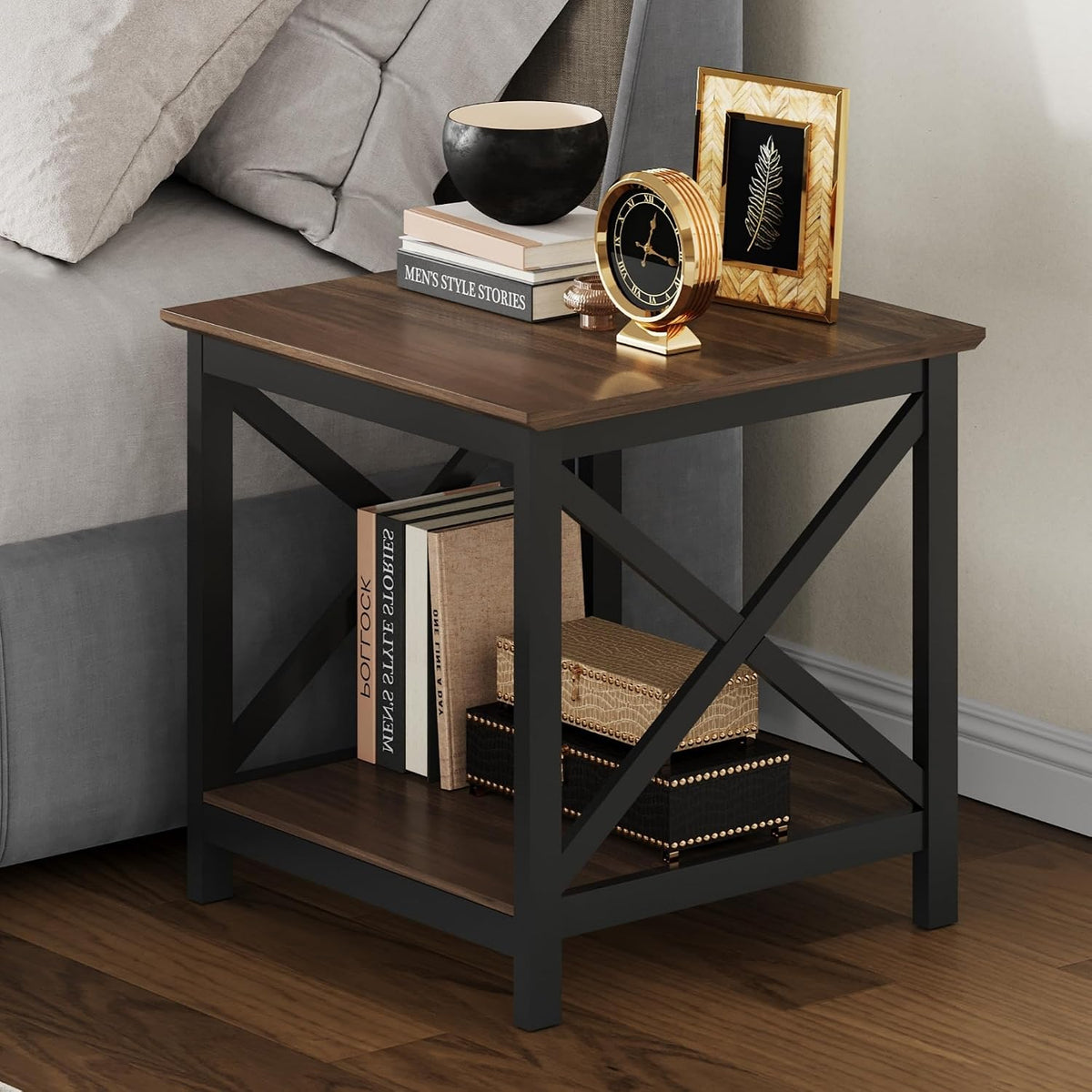ChooChoo End Tables Set of 2, 24 Inch End Table with 2-Tier Storage Shelf, Side Table for Living Room, Wood Nightstand for Bedroom, Office, Painted Surface, Walnut