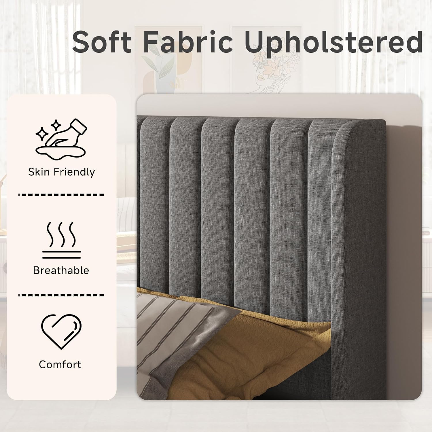 Queen Bed Frame with Vertical Channel Tufted Headboard & Wingback