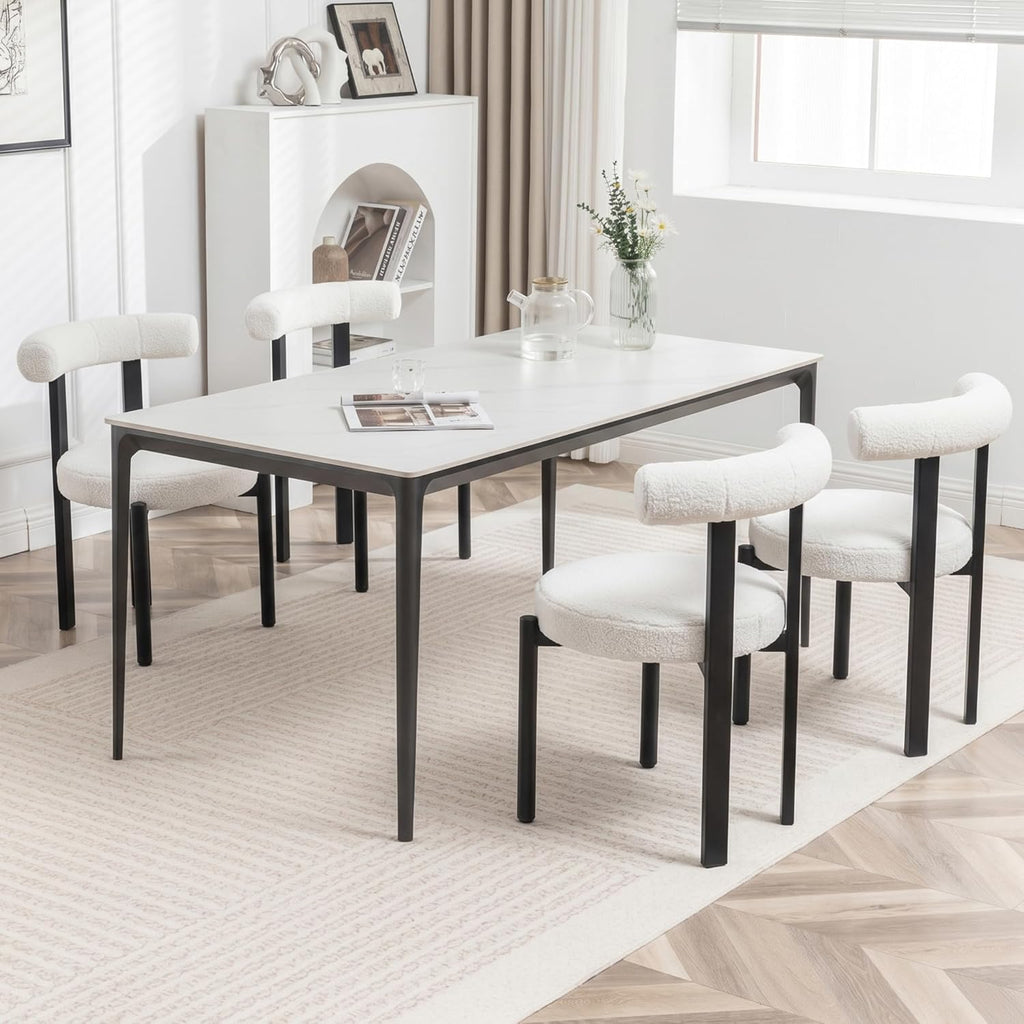 Boucle Dining Chairs Set of 4 Mid Century Modern Dining Chairs Round Cushion Dining Room Chairs with Curved Back and Black Metal Legs for Kitchen, Living Room, Bedroom (Beige)