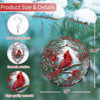 3D Cardinal Bird Wind Spinner 10 Inch Stainless Steel Metal Art Kinetic Sculpture Red Bird Hanging Ornament for Garden, Yard, Patio, and Home Décor Christmas Decor