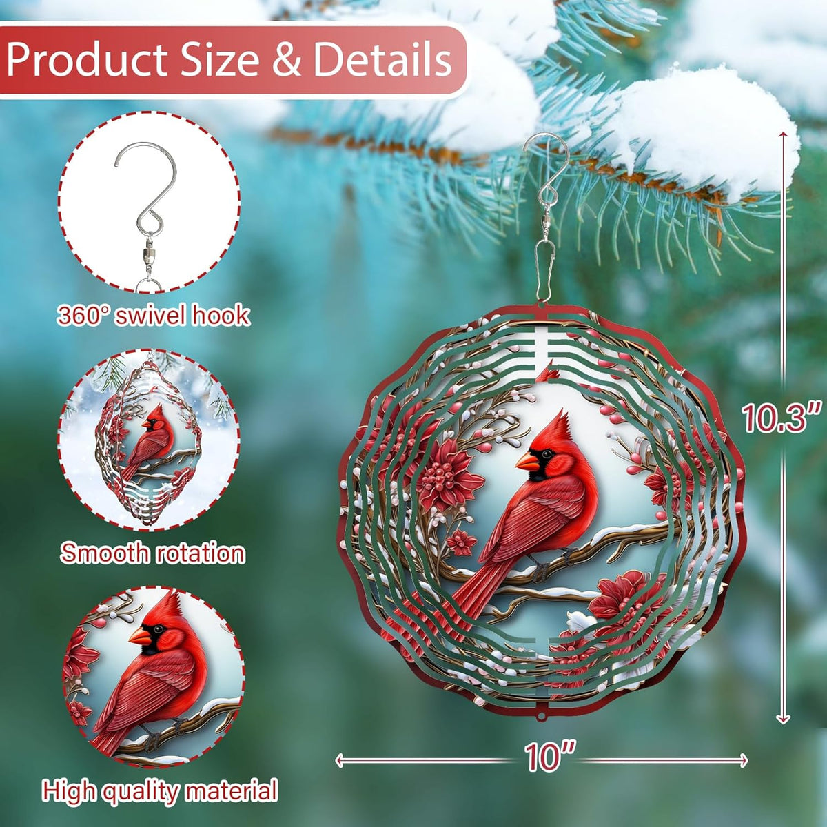 3D Cardinal Bird Wind Spinner 10 Inch Stainless Steel Metal Art Kinetic Sculpture Red Bird Hanging Ornament for Garden, Yard, Patio, and Home Décor Christmas Decor