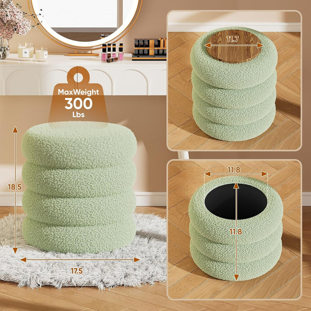 Soft Teddy Round Ottoman with Tray, 17.5 Inches Ottoman Coffee Table with Storage for Living Room, Vanity Stool with Storage Bedroom, Load up to 300 lb, No Assembly Required (Green)