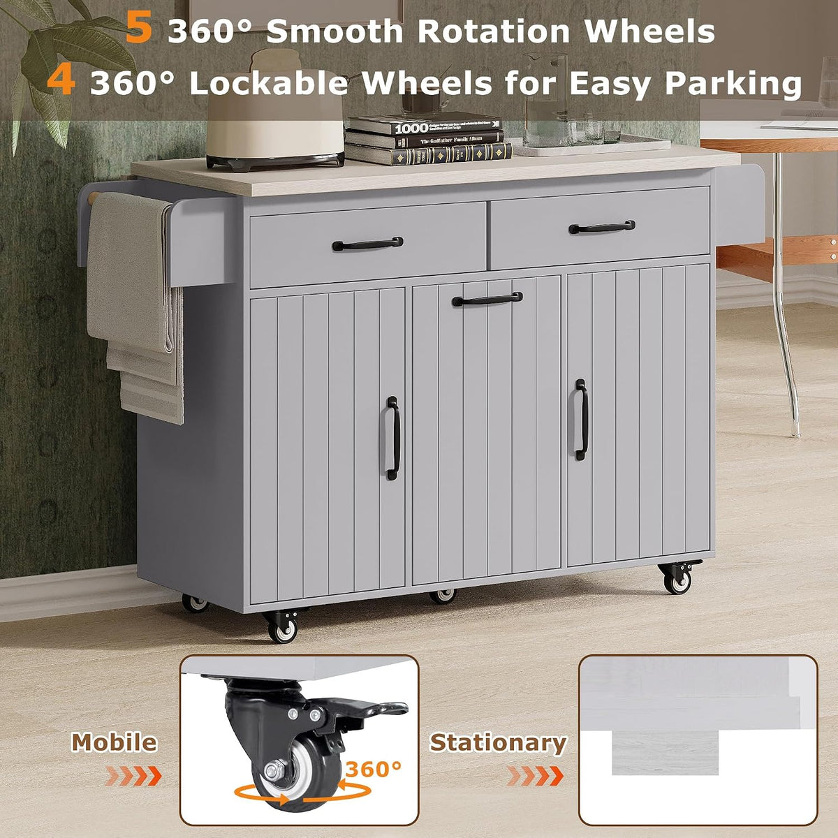 51" Rolling Kitchen Island with Tilt-Out Trash Cabinet & Drop Leaf | Tilt-Out Trash Cabinet, Drop Leaf Extension, Rolling Design, Kitchen Storage, 51 Inch Width