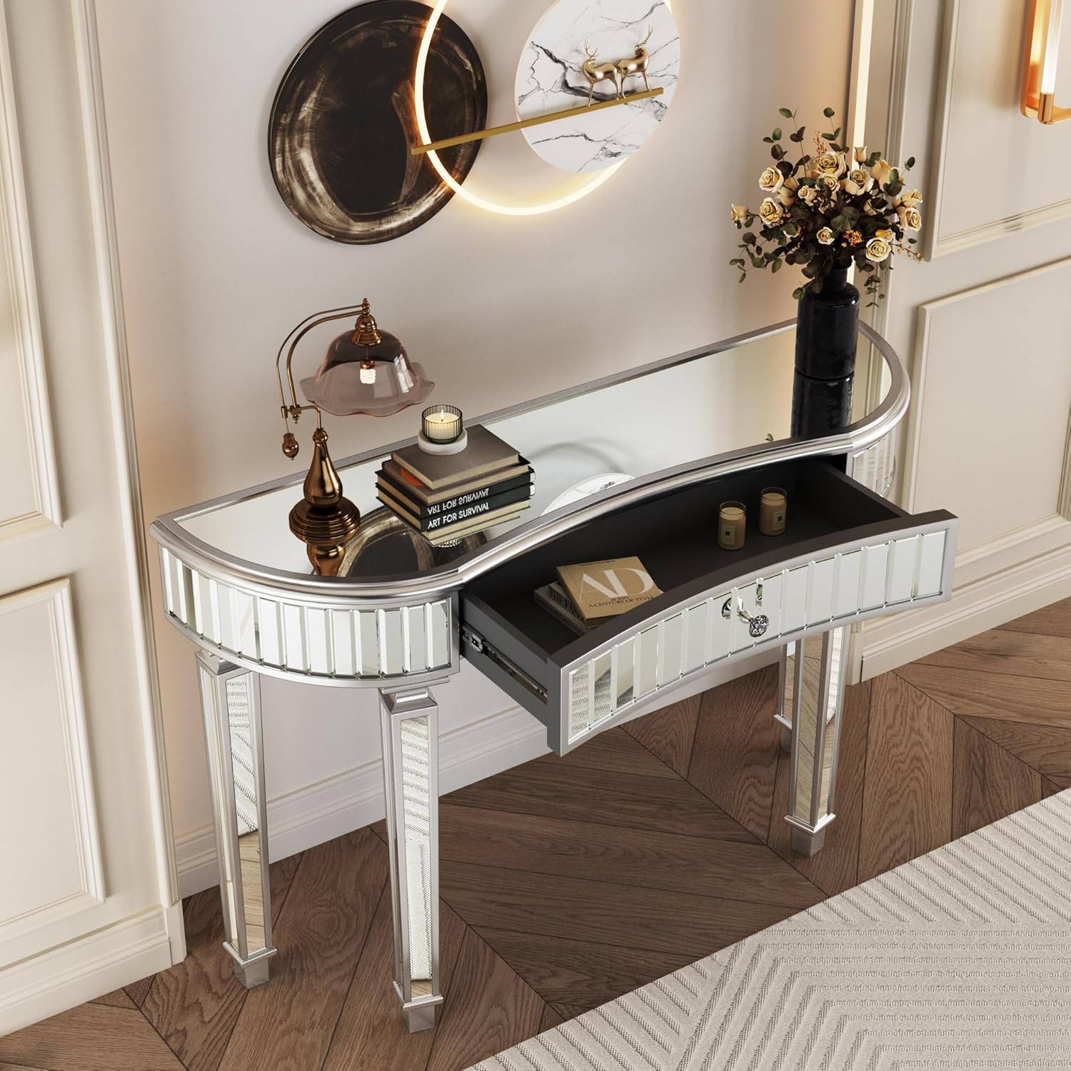 SSLine Mirrored Console Table Makeup Dressing Table,Modern Sofa Side Table Mirrored Desk Media Console Vanity Desk with One Drawer for Home Office Entryway Hallway