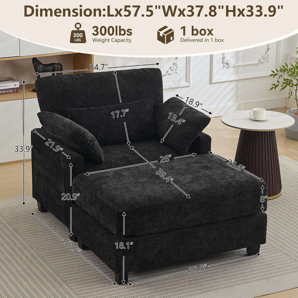 57.5" Oversized Chenille Chair with Movable Ottoman, Black Deep Seat Comfy Upholstered Chaise Lounge Reading Accent Armchair with Side Pocket, Single Sleeper Sofa for Living Room Bedroom Small Space