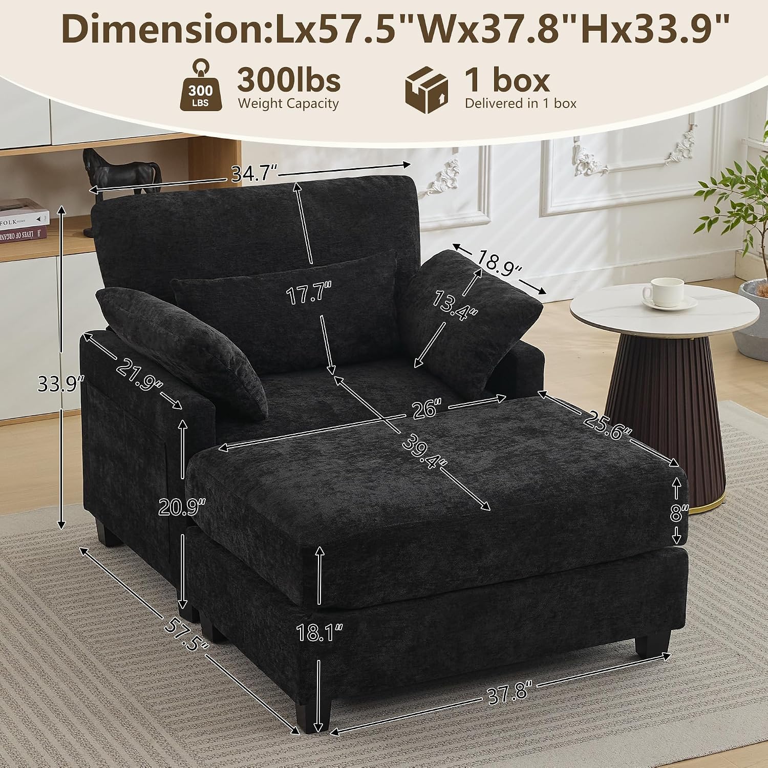 57.5" Oversized Chenille Chair with Movable Ottoman, Black Deep Seat Comfy Upholstered Chaise Lounge Reading Accent Armchair with Side Pocket, Single Sleeper Sofa for Living Room Bedroom Small Space