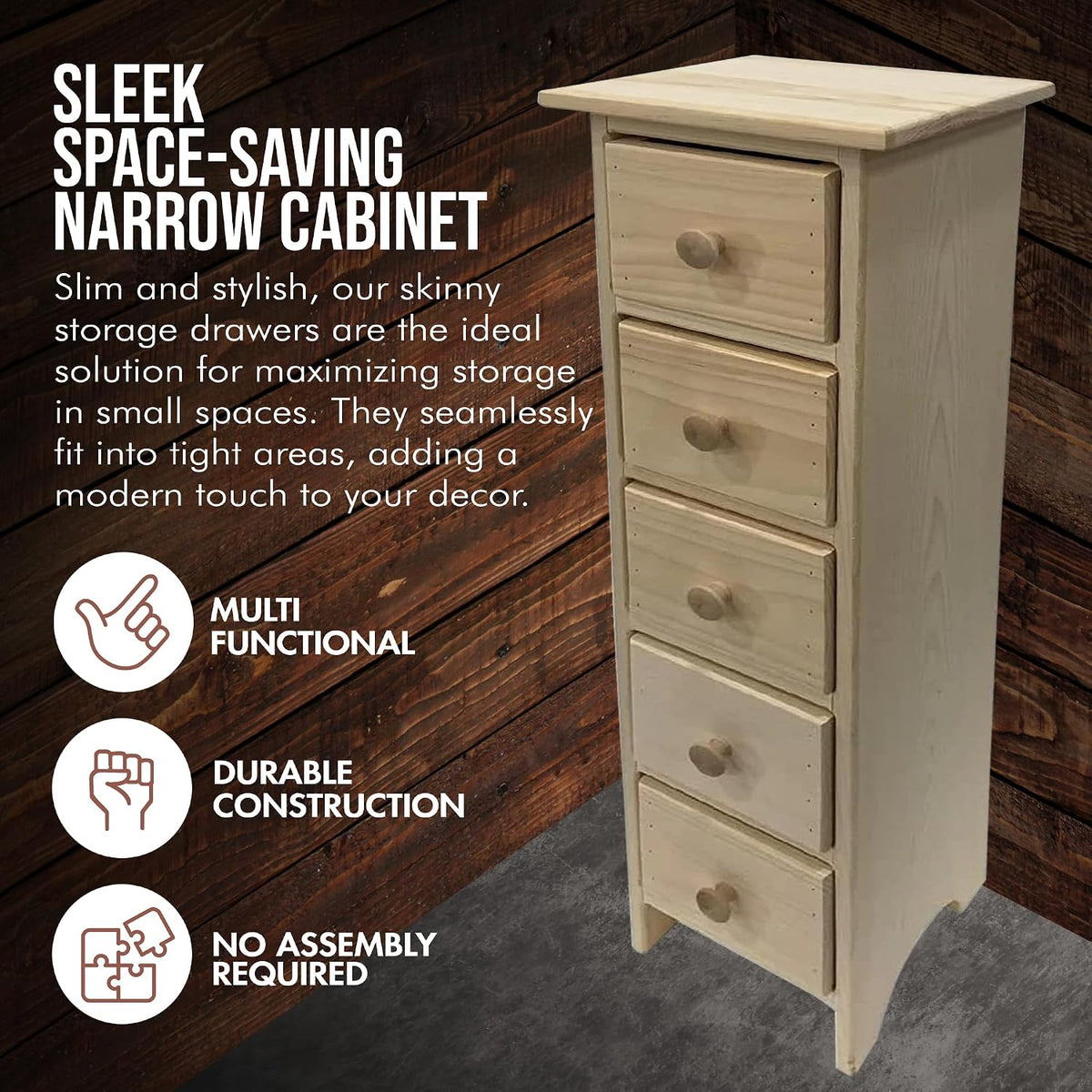 Peaceful Classics Skinny Drawers Cabinet - 5 Storage Drawers for Living Room, Kitchen, or Bathroom Amish Furniture Wood Cabinet, 10.75x10x37 inches (Unfinished)