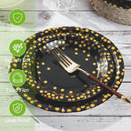 Lullaby 200PCS Black Paper Plates, Black and Gold Paper Plate, 100pcs Dinner Plates 9"，100pcs Dessert Plates 7", Disposable Graduation Plates with Golden Dot for Birthday party, Halloween
