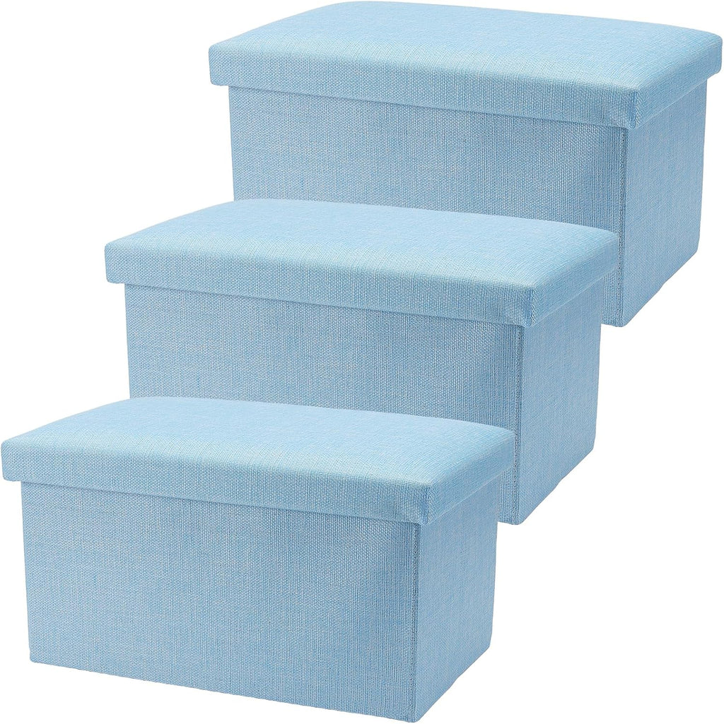 HOZEON 3 Pack 15.7 x 9.8 x 9.11 Inches Folding Storage Ottoman, Blue Rectangle Footrest Seat, Multifunctional Foot Stool for Living Room, Office, Traveling, Fishing, Camping