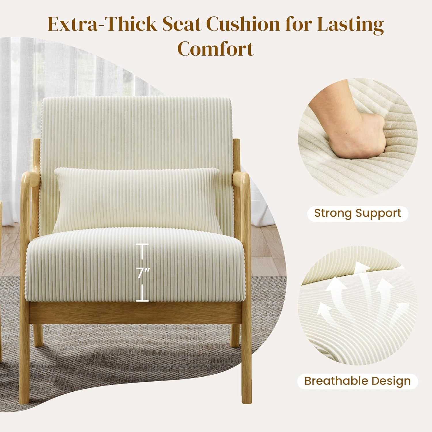 Yaheetech Accent Chair for Living Room, Corduroy Mid Century Modern Reading Armchairs with Lumbar Pillow for Bedroom, Decorative Sofa Chair for Adult Beige/Set of 1