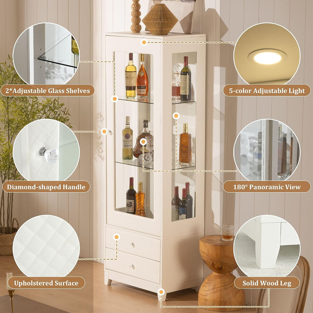 Freestanding Wine Cabinet, Upholstered Glass Door Bar Cabinet, 180° Viewing, 5-Color Ceiling Light, Adjustable Shelves, for Home or Dining Room, White
