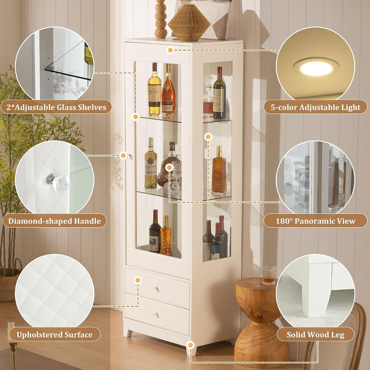 Freestanding Wine Cabinet, Upholstered Glass Door Bar Cabinet, 180° Viewing, 5-Color Ceiling Light, Adjustable Shelves, for Home or Dining Room, White