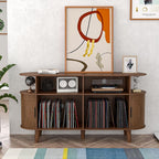Large Walnut Record Player Stand with Charging Station, Mid-Century Turntable Stand Table, Vinyl Record Player Storage Cabinet for Bedroom, Living Room, Office