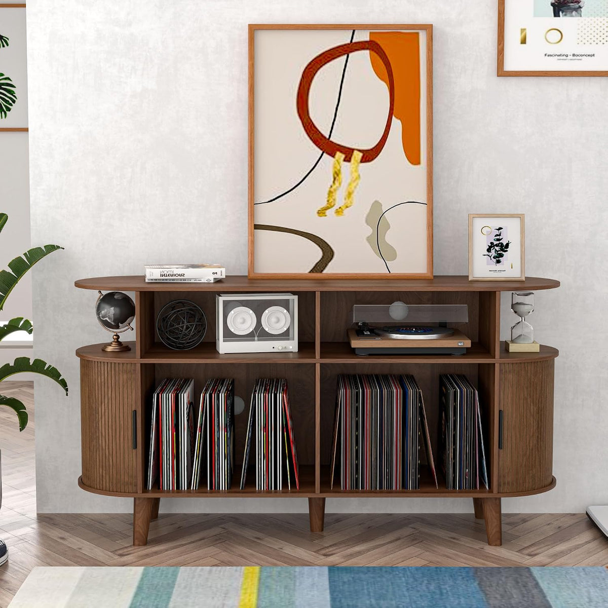 Large Walnut Record Player Stand with Charging Station, Mid-Century Turntable Stand Table, Vinyl Record Player Storage Cabinet for Bedroom, Living Room, Office